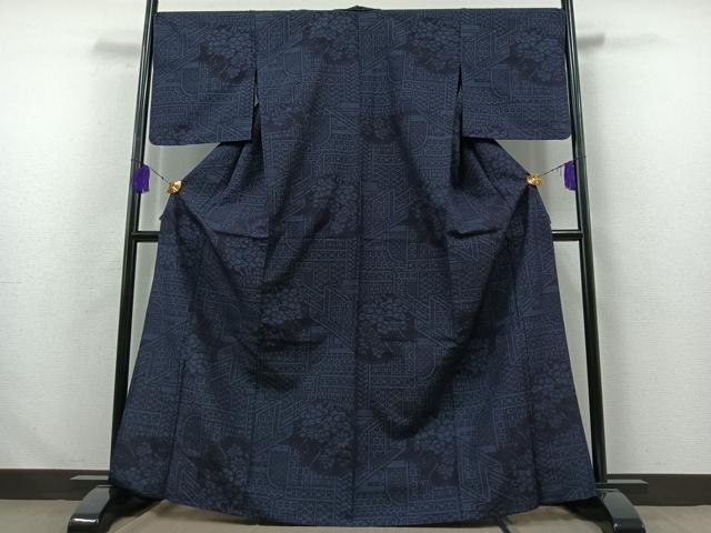 平和屋着物▽結城紬 単衣 80亀甲 草花文 正絹 逸品 AABA9130jh