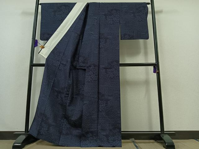 平和屋着物▽結城紬 単衣 80亀甲 草花文 正絹 逸品 AABA9130jh