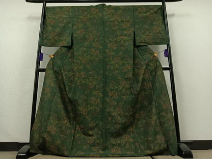 平和屋着物▽上質な紬　単衣　草花文　ロング丈　正絹　逸品　AABA9133jh