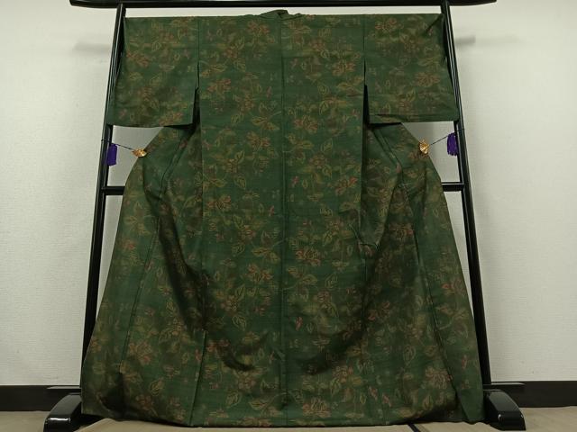 平和屋着物▽上質な紬　単衣　草花文　ロング丈　正絹　逸品　AABA9133jh