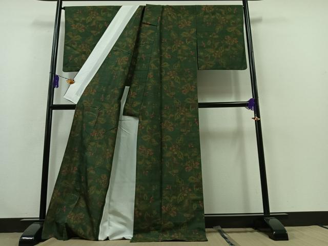 平和屋着物▽上質な紬　単衣　草花文　ロング丈　正絹　逸品　AABA9133jh