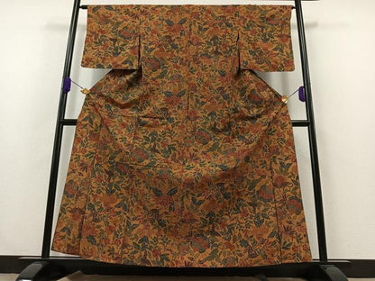 平和屋着物▽上質な紬 単衣 更紗花文 正絹 逸品 AABA9137jh