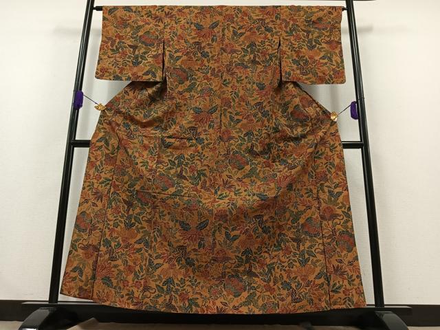 平和屋着物▽上質な紬 単衣 更紗花文 正絹 逸品 AABA9137jh