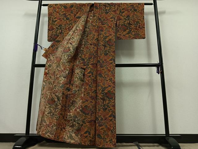 平和屋着物▽上質な紬 単衣 更紗花文 正絹 逸品 AABA9137jh