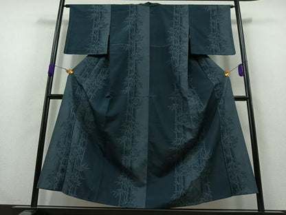 平和屋着物▽本塩沢　単衣　110亀甲　笹竹文　正絹　逸品　AABA9139jh