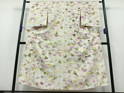 平和屋着物▽上質な小紋 単衣 手描き 草花文 鬼しぼ縮緬 正絹 逸品 AABA9141jh