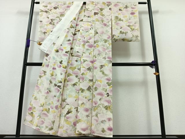 平和屋着物▽上質な小紋 単衣 手描き 草花文 鬼しぼ縮緬 正絹 逸品 AABA9141jh