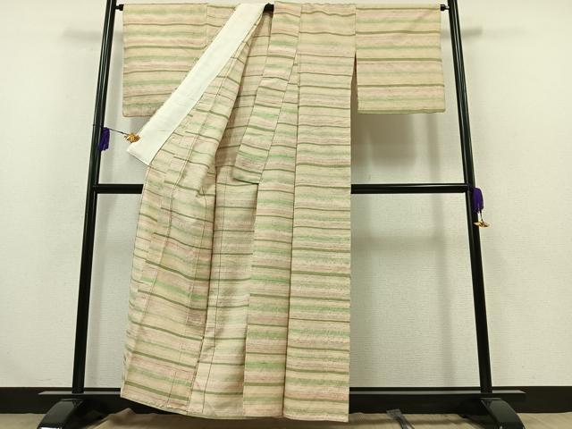 平和屋着物▽上質な紬 単衣 横段文 正絹 逸品 AABA9145jh