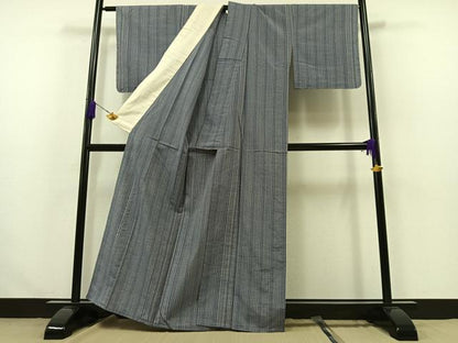平和屋着物▽上質な紬 単衣 縞 正絹 逸品 AABA9146jh