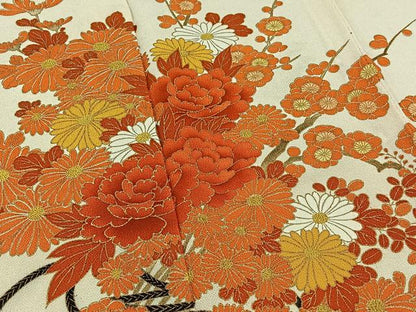 平和屋着物▽訪問着 単衣 枝花文 金彩 鬼しぼ縮緬 正絹 逸品 AABA9155jh