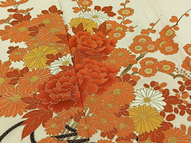 平和屋着物▽訪問着 単衣 枝花文 金彩 鬼しぼ縮緬 正絹 逸品 AABA9155jh