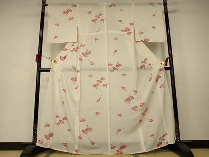 平和屋着物＊夏物　小紋　絽　扇子花文　正絹　逸品　AABA9333jd