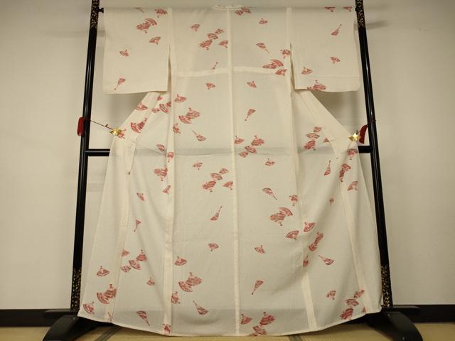 平和屋着物＊夏物　小紋　絽　扇子花文　正絹　逸品　AABA9333jd