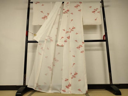 平和屋着物＊夏物　小紋　絽　扇子花文　正絹　逸品　AABA9333jd