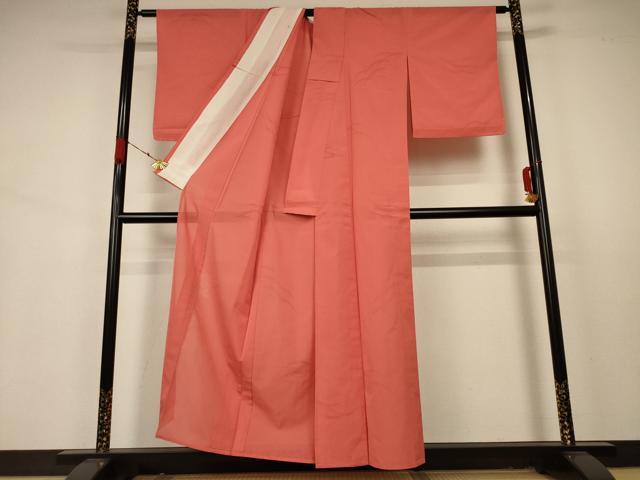 平和屋着物＊夏物 色無地 芝紋紗 鉛丹色 洗える着物 AABA9369jd