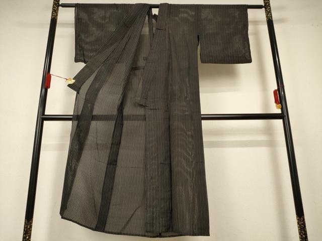 平和屋着物＊夏物 小紋 縦絽 縞 正絹 逸品 AABA9387jd