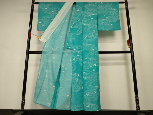平和屋着物＊夏物 小紋 絽 流水舞蝶文 洗える着物 AABA9393jd
