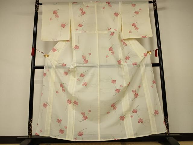平和屋着物＊夏物 小紋 絽 枝花文 洗える着物 未使用 AABA9398jd