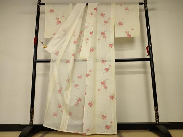 平和屋着物＊夏物 小紋 絽 枝花文 洗える着物 未使用 AABA9398jd