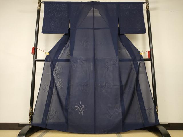 平和屋着物＊夏物 色無地 絽 草花紋紗 藍鉄色 正絹 逸品 AABA9419jd