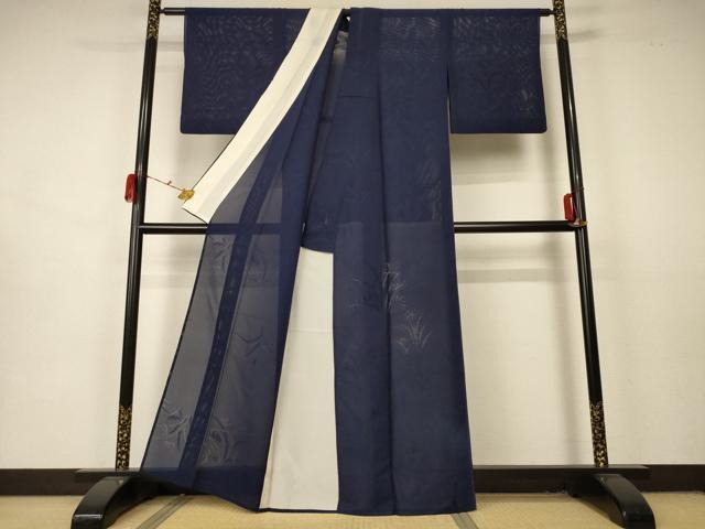 平和屋着物＊夏物 色無地 絽 草花紋紗 藍鉄色 正絹 逸品 AABA9419jd