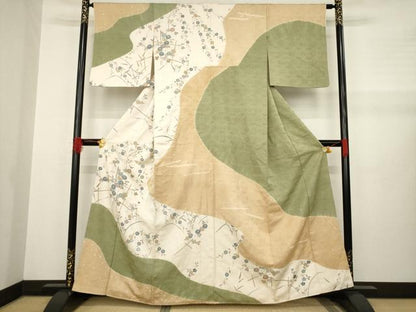 平和屋着物●訪問着　絞り　流水枝花文　正絹　逸品　AABA9455ck
