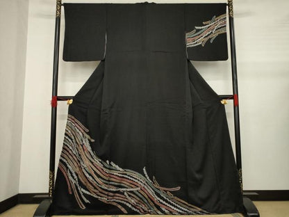平和屋着物●訪問着　絞り　蔓帯文　黒地　金彩　正絹　逸品　AABA9456ck