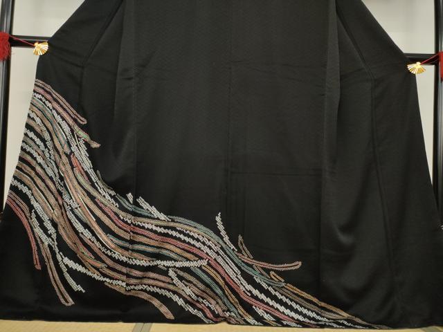 平和屋着物●訪問着　絞り　蔓帯文　黒地　金彩　正絹　逸品　AABA9456ck