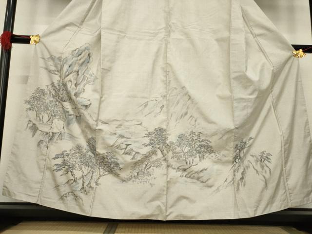 平和屋着物●本場大島紬　訪問着　手描き　白大島　100亀甲　総詰め　風景文　正絹　逸品　AABA9476ck