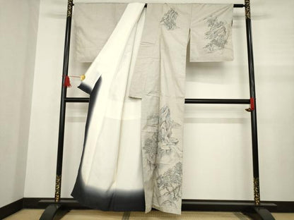 平和屋着物●本場大島紬　訪問着　手描き　白大島　100亀甲　総詰め　風景文　正絹　逸品　AABA9476ck