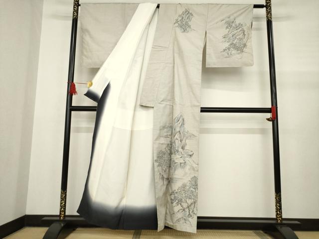 平和屋着物●本場大島紬　訪問着　手描き　白大島　100亀甲　総詰め　風景文　正絹　逸品　AABA9476ck