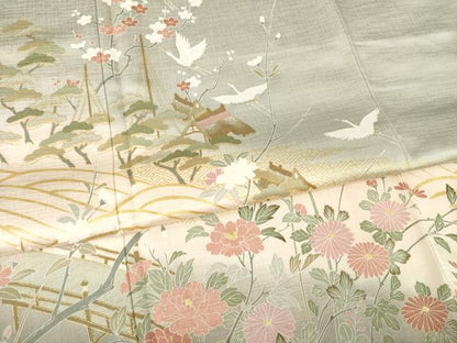 平和屋着物●訪問着 飛鶴風景花文 暈し染め 金彩 正絹 逸品 AABA9508ck