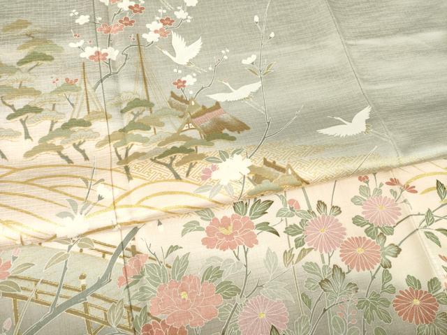 平和屋着物●訪問着 飛鶴風景花文 暈し染め 金彩 正絹 逸品 AABA9508ck