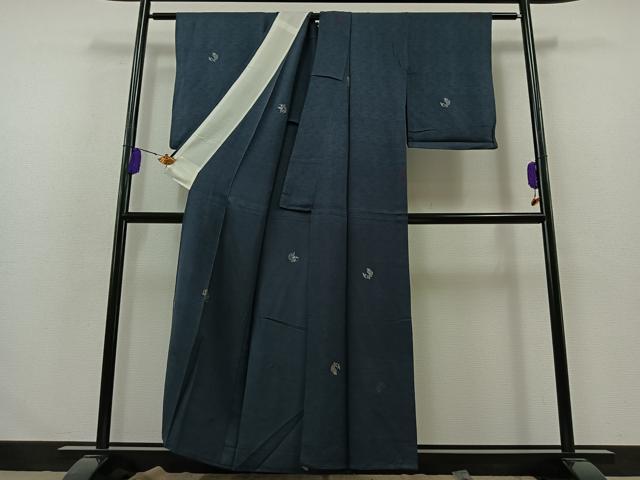 平和屋着物▽上質な小紋 単衣 流水文 魚 銀糸 正絹 逸品 AABA9521jh