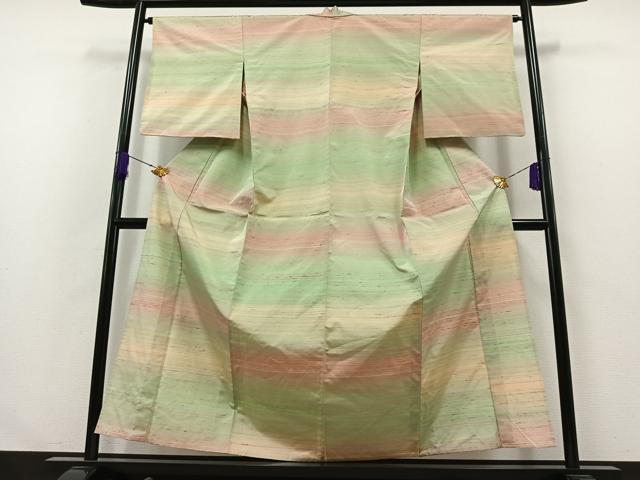 平和屋着物▽上質な紬 単衣 横段文 正絹 逸品 AABA9532jh