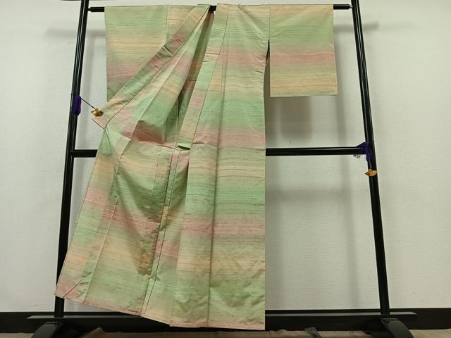 平和屋着物▽上質な紬 単衣 横段文 正絹 逸品 AABA9532jh