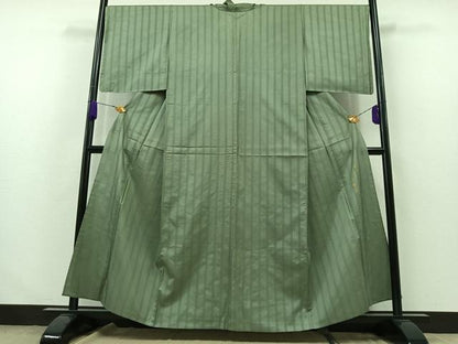 平和屋着物▽上質な紬 単衣 緑茶染 縞 正絹 逸品 AABA9541jh