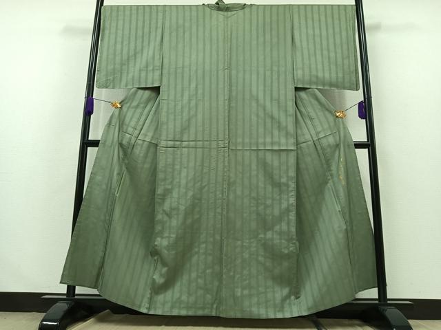 平和屋着物▽上質な紬 単衣 緑茶染 縞 正絹 逸品 AABA9541jh