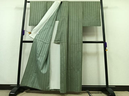 平和屋着物▽上質な紬 単衣 緑茶染 縞 正絹 逸品 AABA9541jh