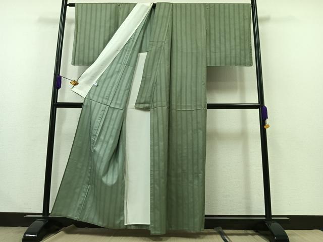 平和屋着物▽上質な紬 単衣 緑茶染 縞 正絹 逸品 AABA9541jh