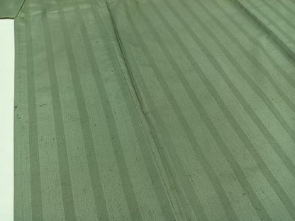平和屋着物▽上質な紬 単衣 緑茶染 縞 正絹 逸品 AABA9541jh