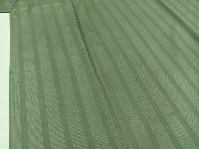 平和屋着物▽上質な紬 単衣 緑茶染 縞 正絹 逸品 AABA9541jh