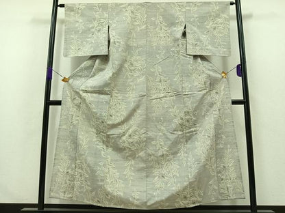 平和屋着物▽上質な紬 単衣 草葉文 正絹 逸品 AABA9544jh