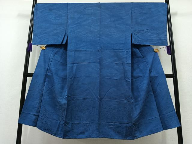 平和屋着物▽男性 色紋付 単衣 流水地紋 瑠璃色 正絹 逸品 AABA9547jh