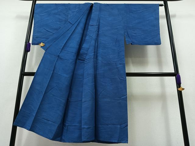 平和屋着物▽男性 色紋付 単衣 流水地紋 瑠璃色 正絹 逸品 AABA9547jh