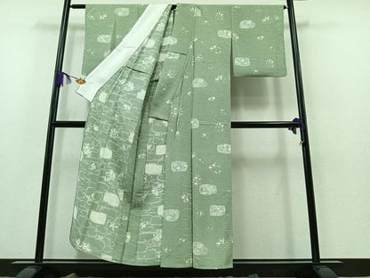 平和屋着物▽上質な小紋 単衣 草花文 正絹 逸品 AABA9548jh