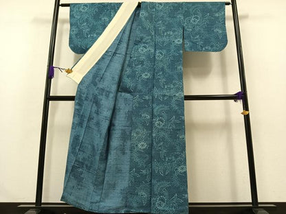 平和屋着物▽生紬 単衣 藍 更紗花文 正絹 逸品 AABA9562jh