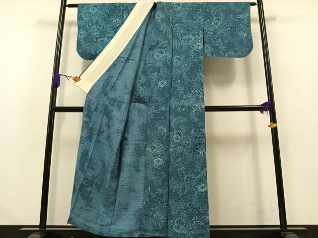 平和屋着物▽生紬 単衣 藍 更紗花文 正絹 逸品 AABA9562jh