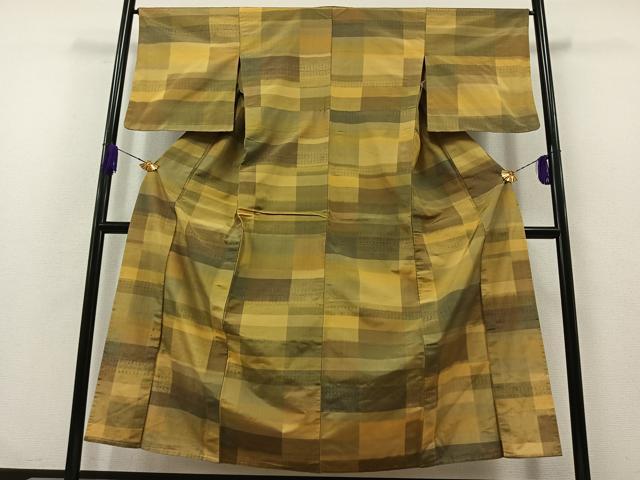 平和屋着物▽上質な紬 単衣 花織 横段文 正絹 逸品 AABA9564jh