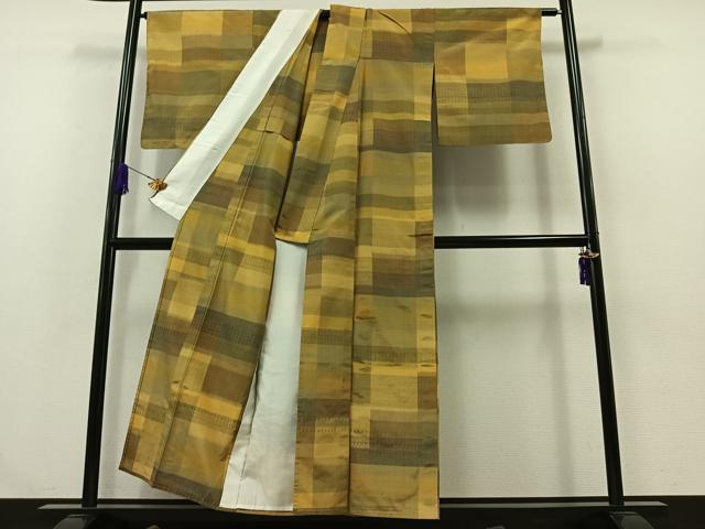 平和屋着物▽上質な紬 単衣 花織 横段文 正絹 逸品 AABA9564jh